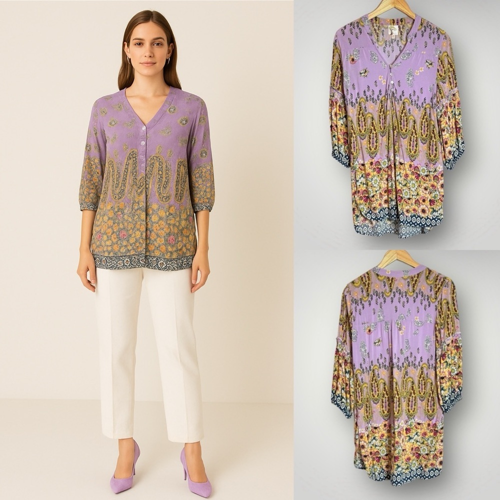 Fig and Flower | Blouse Tunic Medium V Neck Shell Buttons Boho Button Front